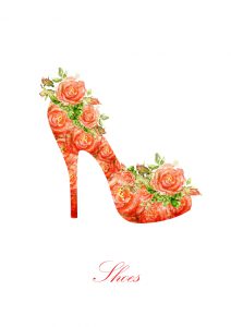 Shoes on a high heel. Silhouette of a women shoes, from water color roses.